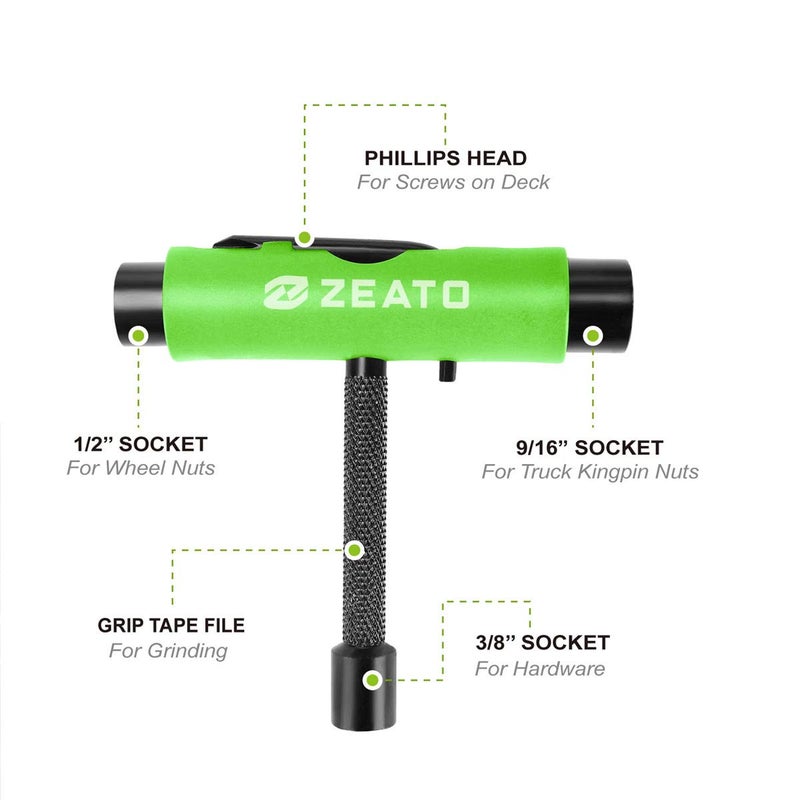 Zeato [Upgrade Version] All-In-One Skate Tools Multi-function Portable Skateboard T Tool Accessory with T-type Allen Key and L-type Phillips Head Wrench Screwdriver - Green - Image 2